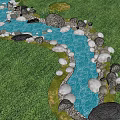 Natural Waterfront Landscape With Stone Stream Lush Grass And Trees