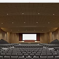Spacious Conference Room Interior With Ceiling Design Rows Of Seats Projection Screen And Wooden Walls