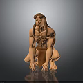 Shirtless Muscular Male Character with Long Hair in Brown Shorts Crouching Pose