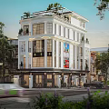 White Three Story Detached Villa With Balconies Greenery Large Windows Front Porch And Trees