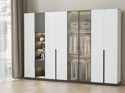 Modern White And Gray Wardrobe With Glass Doors And Storage Compartments 3d model