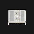 White Entryway Console Cabinet with Glass Doors Drawers and Ornate Metal Hardware