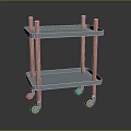 Two Tier Rolling Cart With Light Blue Shelves And Wooden Posts On Wheels