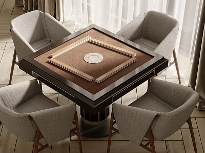 Modern Wooden Frame Entertainment Table With Brown Top And Four Gray Fabric Chairs 3d model