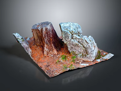 Natural Style Wood Stone Decorative Model With Tree Stump Moss And Red Base 3d model