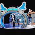 Futuristic Tech Exhibition Booth With Blue White Design Circular Structure Domed Top And People Around
