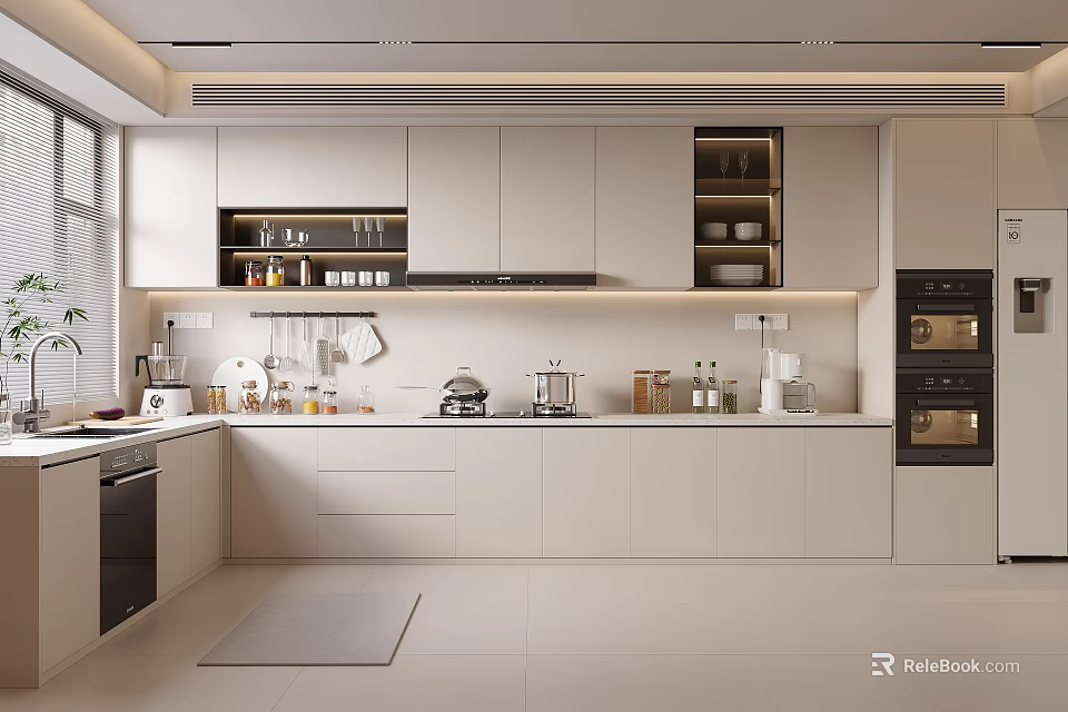 Modern Kitchen Interior With Light Colored Wall Base Cabinets Oven Appliances Window Countertop 3d model