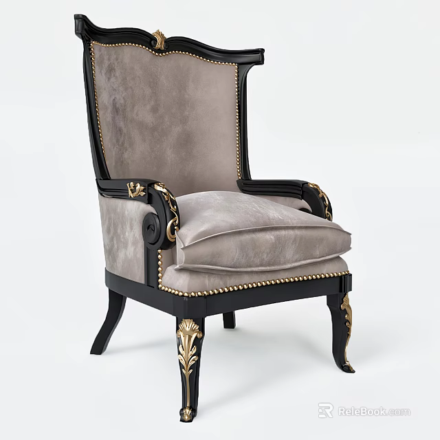 Classic European Style Armchair With Black Frame Gold Accents And Gray Velvet Upholstery 3d model 
