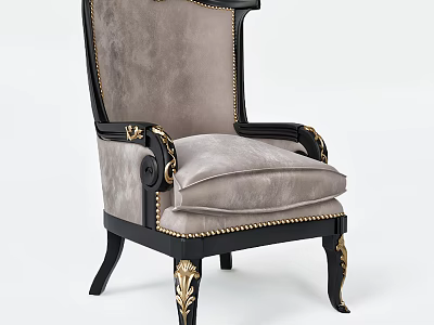 Classic European Style Armchair With Black Frame Gold Accents And Gray Velvet Upholstery 3d model