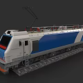 Modern Blue and White Electric Train with Roof Mounted Pantograph