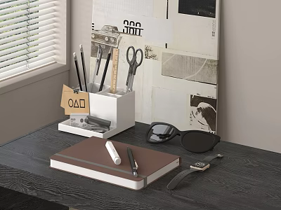 Organized Workspace With Notebook Stationery Sunglasses Watch And OAD Tag On Black Desk 3d model