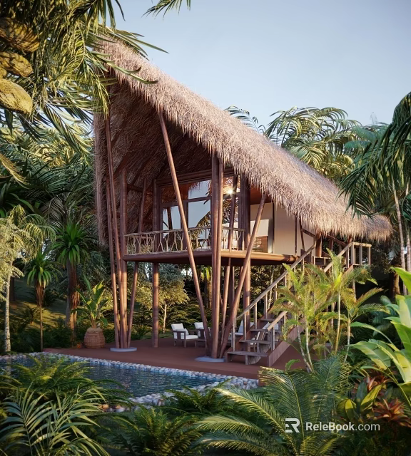 Elevated Thatched Cottage With Wooden Structure Balcony Staircase And Lush Tropical Plants 3d model 