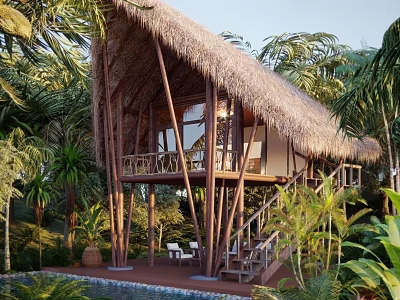 Elevated Thatched Cottage With Wooden Structure Balcony Staircase And Lush Tropical Plants 3d model