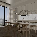 Elegant Modern Restaurant Interior With Open Layout Dining Table Chandelier And City View 3d model