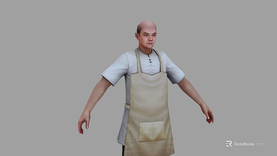 Man Wearing Short Sleeved Shirt And Beige Apron Against Gray Background 3d model 