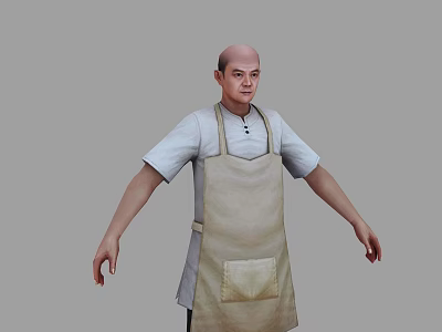 Man Wearing Short Sleeved Shirt And Beige Apron Against Gray Background 3d model