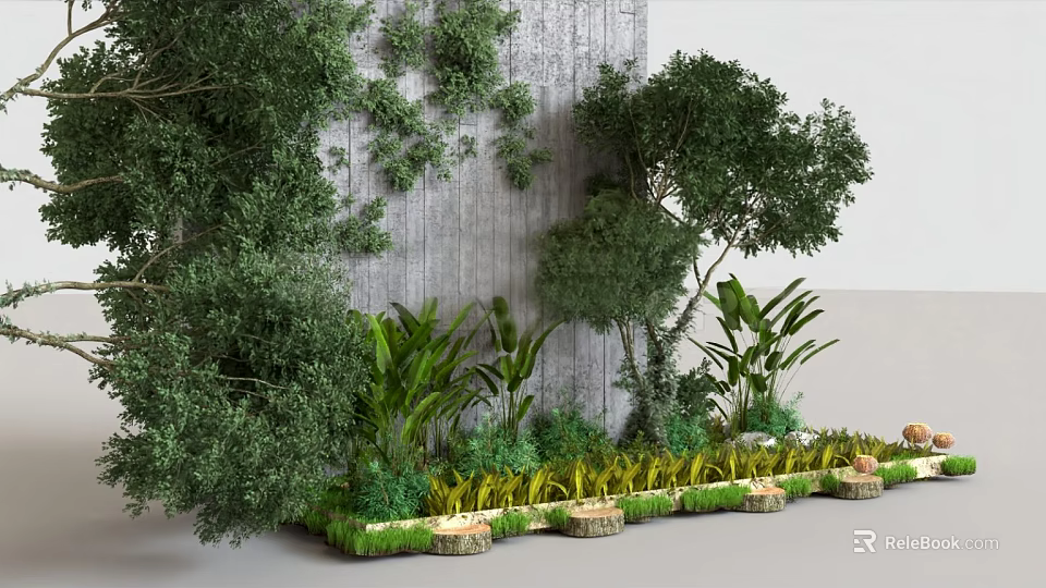 Lush Arbor Landscape With Green Plants Grass And Wooden Stumps Against Gray Wall 3d model 