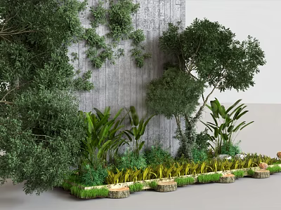 Lush Arbor Landscape With Green Plants Grass And Wooden Stumps Against Gray Wall 3d model