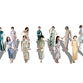 Group of Women Wearing Traditional Qipao with Various Colors and Floral Patterns