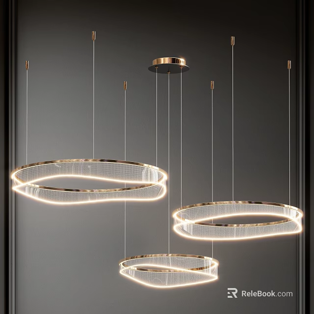Modern Circular Chandeliers With Golden Frame And Illuminated Strips Hanging In Dark Space 3d model 