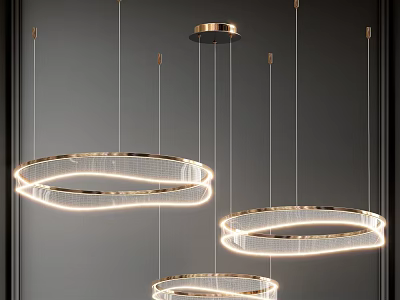 Modern Circular Chandeliers With Golden Frame And Illuminated Strips Hanging In Dark Space 3d model