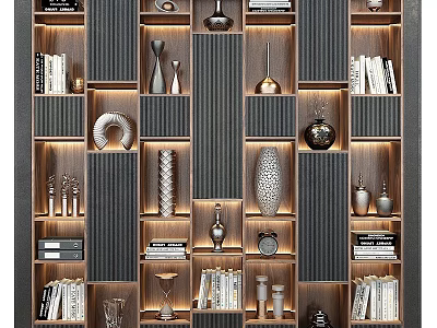 Modern Dark Toned Decorative Cabinet With Layered Shelves Books Vases And Warm Lighting 3d model