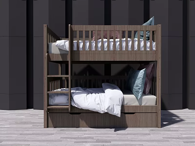 Wooden Bunk Bed With Upper Lower Mattresses Pillows And Storage Shelves 3d model