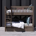 Wooden Bunk Bed With Upper Lower Mattresses Pillows And Storage Shelves
