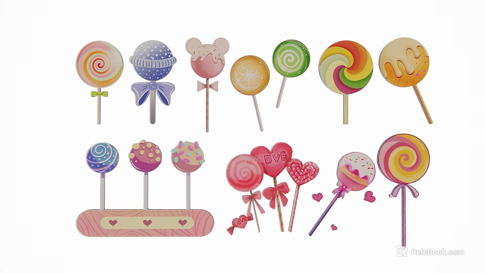 Colorful Lollipop Ornaments With Mickey Head Heart Spiral Shapes And Bowknot Decorations 3d model 