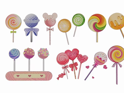 Colorful Lollipop Ornaments With Mickey Head Heart Spiral Shapes And Bowknot Decorations 3d model