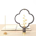 Decorative Ornament Set With Clover Frame Golden Flower Branch Incense Stick Open Book Wood Table