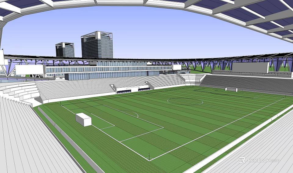 Soccer Field With Green Turf White Lines Surrounding Stands And Background High Rise Buildings 3d model 