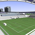Soccer Field With Green Turf White Lines Surrounding Stands And Background High Rise Buildings