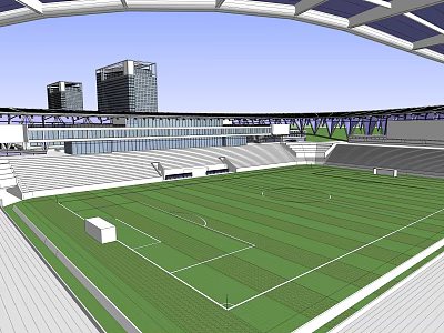 Soccer Field With Green Turf White Lines Surrounding Stands And Background High Rise Buildings 3d model