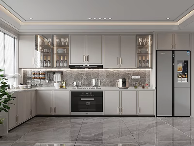 Modern Kitchen Interior Featuring White Cabinets Glass Door Cabinets Marble Countertop And Stainless Steel Appliances 3d model