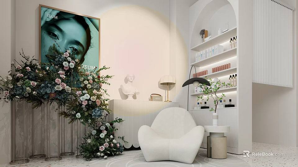 Modern Beauty Hair Salon Interior With Reception Desk Comfortable Chair Decorative Flowers And Product Shelves 3d model 