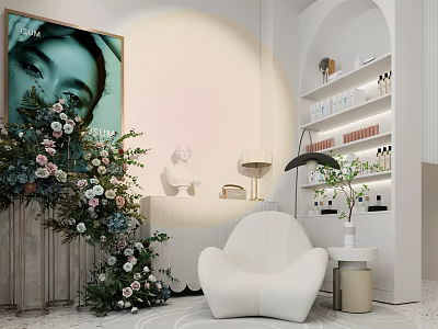 Modern Beauty Hair Salon Interior With Reception Desk Comfortable Chair Decorative Flowers And Product Shelves 3d model