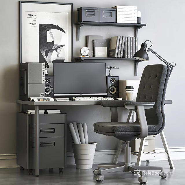 Stylish Office Desk With Computer Monitor Ergonomic Chair And Floating Bookshelf 3d model 