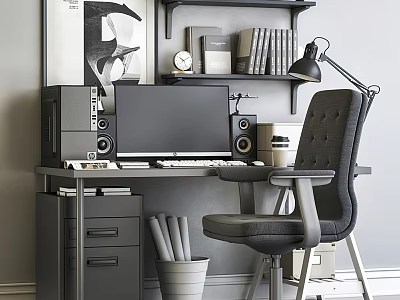 Stylish Office Desk With Computer Monitor Ergonomic Chair And Floating Bookshelf 3d model
