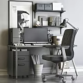 Stylish Office Desk With Computer Monitor Ergonomic Chair And Floating Bookshelf
