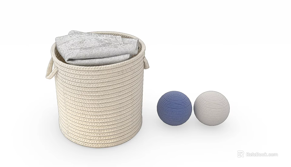 Rope Woven Beige Storage Basket With Gray Cloth Inside And Decorative Blue Gray Balls 3d model 