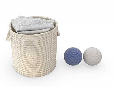 Rope Woven Beige Storage Basket With Gray Cloth Inside And Decorative Blue Gray Balls 3d model