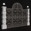 Ornate Wrought Iron Gate With Intricate Scroll Designs White Stone Pillars And Spherical Top Lamps