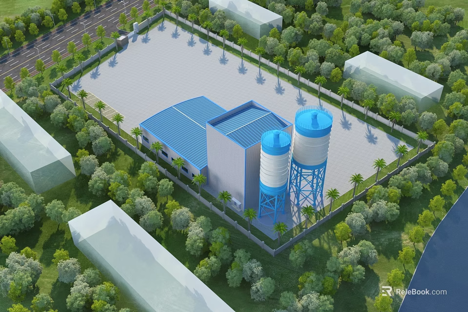Industrial Factory Building With Blue Water Towers And Surrounding Trees Fence Parking Area 3d model 