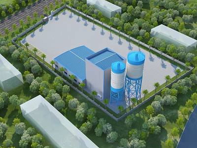 Industrial Factory Building With Blue Water Towers And Surrounding Trees Fence Parking Area 3d model