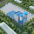 Industrial Factory Building With Blue Water Towers And Surrounding Trees Fence Parking Area