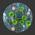 Decorative Water Bowl Landscape With Green Lotus Leaves Pink Flowers And Small Pavilion