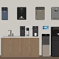 Wall Mounted And Floor Standing Kitchen Appliances With Coffee Machine Water Dispenser And Wooden Cabinet