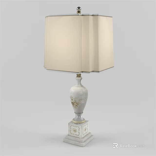 Elegant White Ceramic Table Lamp With Beige Fabric Lampshade And Golden Patterns 3d model