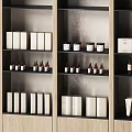 Modern Wooden Display Shelves with Multiple Tiers Holding White Boxes and Small Bottles